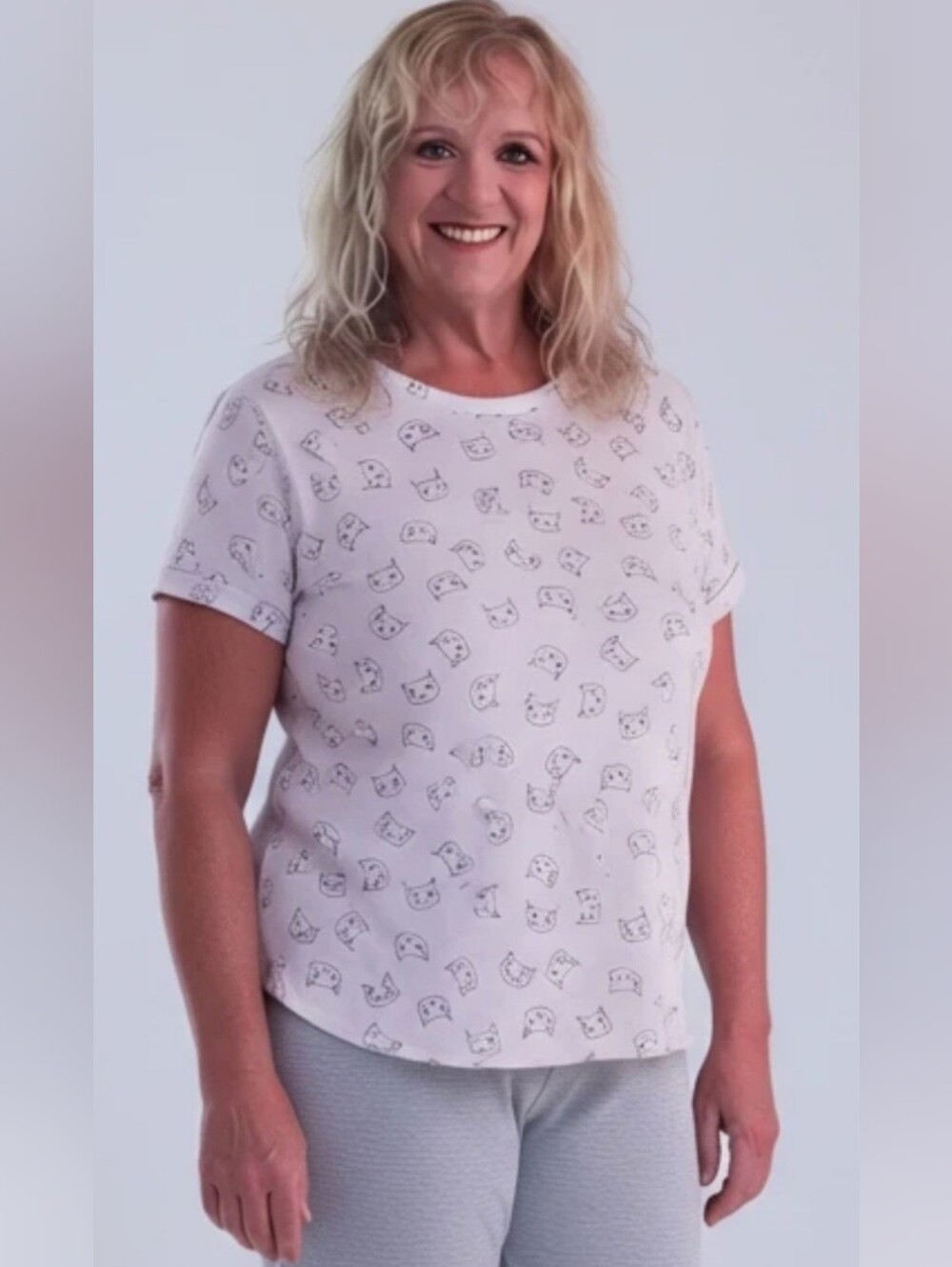 Cat Pajama Top Short Sleeve Pink White Size XL women's S